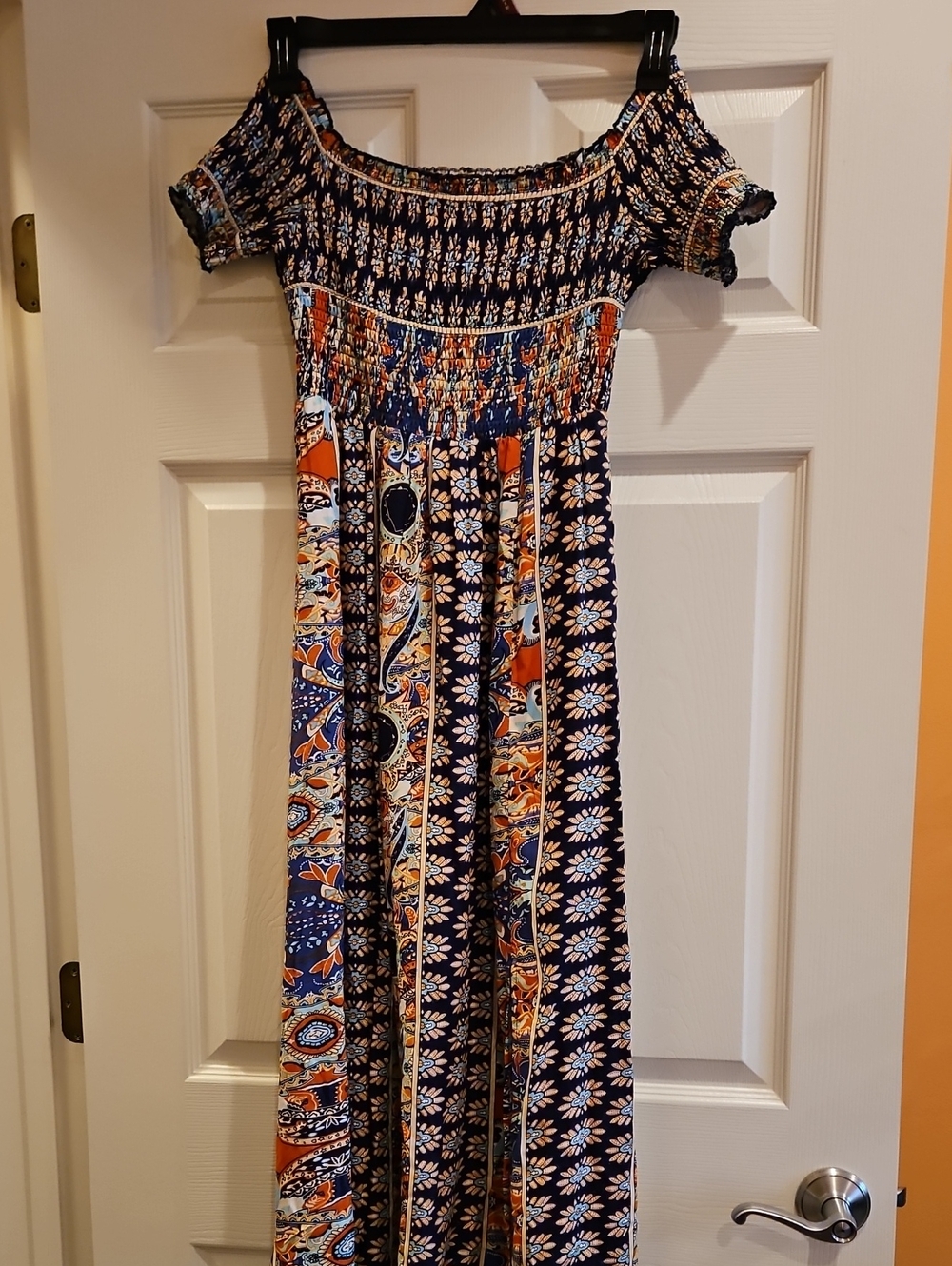 Boho Off-Shoulder Maxi Dress in Navy and Orange